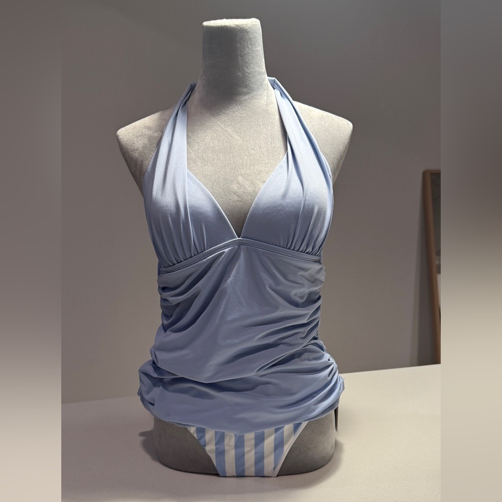 Gibson Latimer Light Blue Halter One-Piece Swimsuit with Striped Bottom